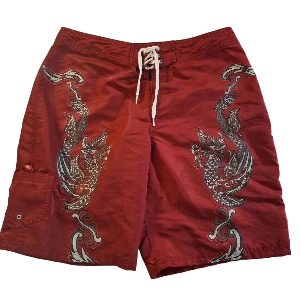 Hawaiian Island Creations Board Shorts Swim Trunks Mens 36 Red Dragon
